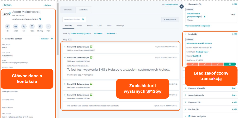 Widok rekordu kontaktu w HubSpot 